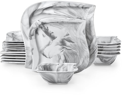 MALACASA Serie ELVIRA Juego de Vajilla para 6 Personas de Porcelana, Vajilla de 18 Piezas con 6 Platos Llanos 26 cm, 6 Platos de Postre 21 cm, 6 Cuencos para Sopa 240 ml, Mármol Gris