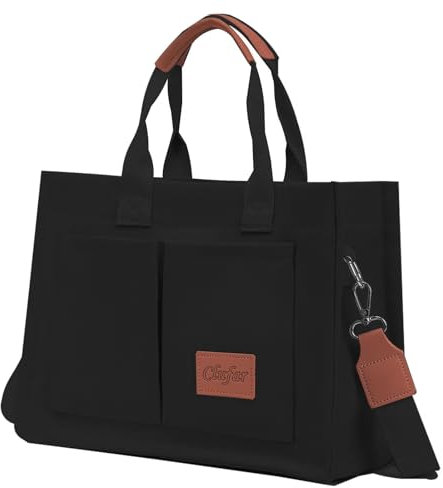 Clufar Handtasche Damen Mittelgroß Schwarz Canvas Umhängetasche Crossbody Tote Bag Schultertasche Shopper Damen Arbeitstasche Aesthetic Handbags mit Vielen Fächern für Bücher Alltag Arbeit Black