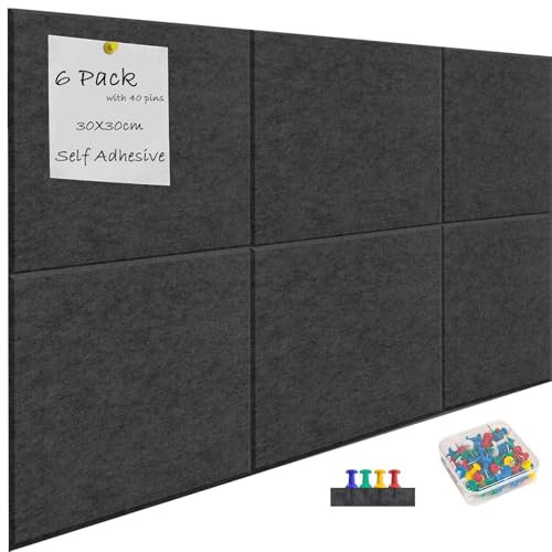 Kongming Pinnwand Filz Selbstklebend mit 40 Reißzwecken, 6 Stück 9mm Dick Pinwand, 30 * 30cm Pinnwand Groß Wanddekoration für Fotos, Notiz-memoboard für Zuhause Küche Büro Schule (Schwarz)