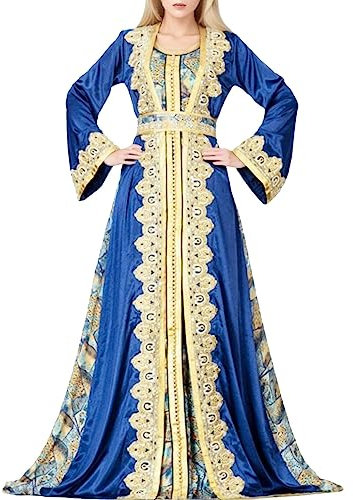 Vhersily Geschenke Angebote Frauen Muslimisches Kleid, Marokkanische Islamische Abaya Ramadan Robe Ohne Hijab Arabischer Kaftan in voller Länge Ethnische Kleidung Mit Gürtel Gebetskleidung, blau, XXL