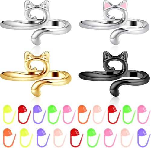 Fenglin-joy Anelli all'Uncinetto Modello Gatto, 4 Pezzi anelli regolabili all'uncinetto anelli all'uncinetto con 20 pezzi marcatori punto maglia per gli amanti dell'uncinetto