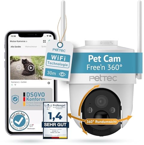 PetTec - Pet Cam Free'n 360 Überwachungskamera Wi-Fi/WLAN 2.4GHz mit Akku & Pan&Tilt Funktion [OHNE ABO-Falle] - Outdoorkamera mit 3MP, Bewegungserkennung & Nachtsicht 20m - IP65, Flutlicht & Sirene