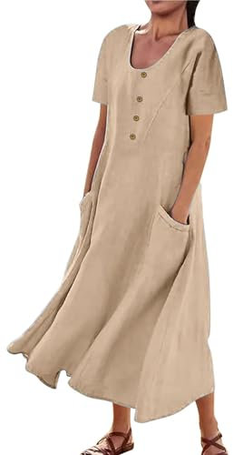 AUDATE Womens Casual Dresses Linen Summer Beach Short Sleeve Dress Round Neck Baggy Maxi Dress with Pockets Khaki 3XL