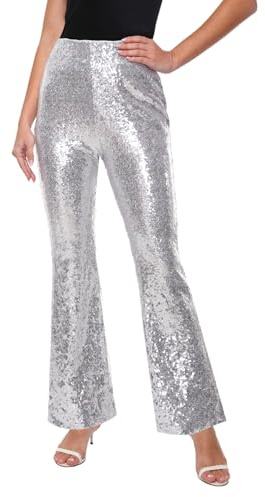 YYPBI Glitzer Hose Damen Pailletten Schlaghose High Waist Weites Bein Paillettenhose 70er 80er Disco Rave Hosen Festival Club Outfit Silber L