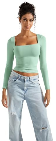 SUUKSESS Women Square Neck Long Sleeve Tops Double Lined Going Out T Shirts