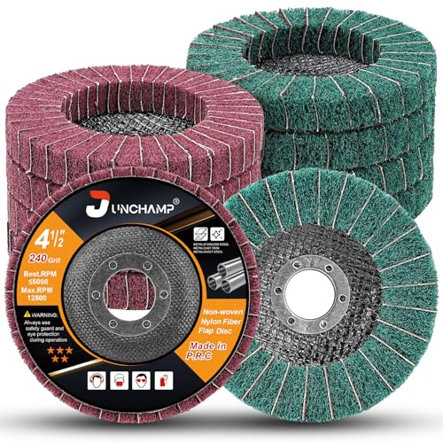 Junchamp 10pc 115mm Nylon Fiber Flap Discs for Angle Grinder, 120/240 Grit | Non-Woven Abrasive Grinding Wheels for Metal Surface Preparation, Rust, Paint and Oxidation Removal