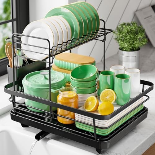 Kitsure Abtropfgestell mit Besteckhalter, 39,3 x 30,5 cm, 2-Tier, Schwarz | Kompakter Geschirrabtropfer mit verstellbarem Ablauf, rost- und kratzbeständig, ideal für eine saubere Küchentheke