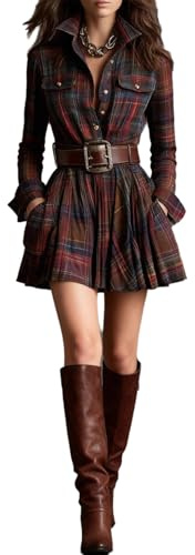 cffdviz Robe Chemise Boutonnée Femme À Carreaux Vintage À Manches Longues avec Ceinture Court Western
