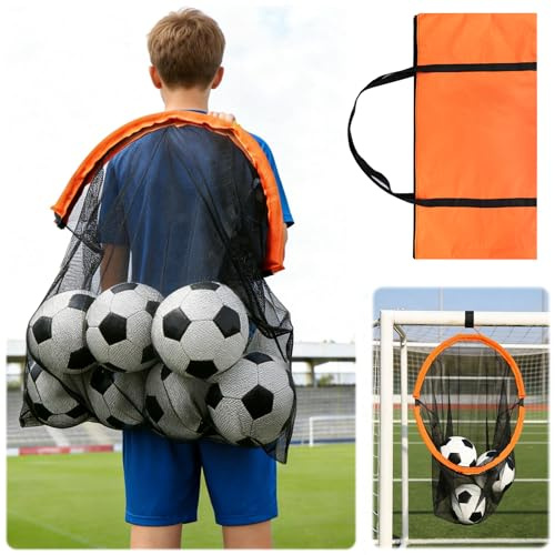 WEXFFU Top Bins Football Targets Net & Bag, 2-In-1 Storage & Goal Target For Training, Football Training Equipment, Easy To Attach And Detach Soccer Goal Net 10+ Ball Capacity (Orange)