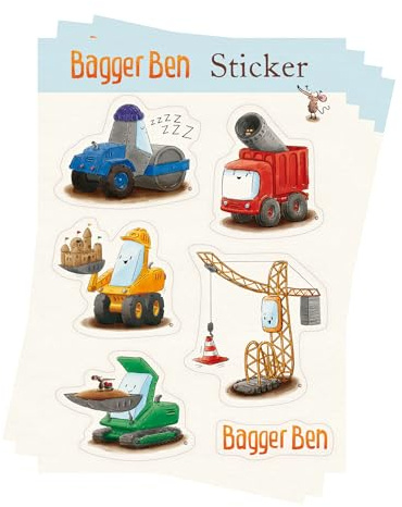 Bagger Ben Stickerbogen 4er Bundle Din A6 – 24 Aufkleber | Baustellenmotive: 24 Aufkleber für Kinder, wasserfest & langlebig