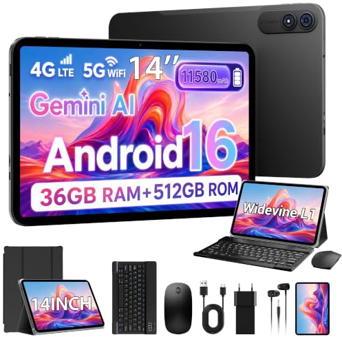 PIXGOOD 2026 Tablet 14 Pollici con Android 16, 36GB RAM+512GB ROM, Octa-Core, 4G LTE/5G WiFi, 2000 * 1200, Widevine L1,11580mAh,13MP+8MP,BT 5.0/GPS/Face ID/Tablet in offerta con Tastiera(Grigio)