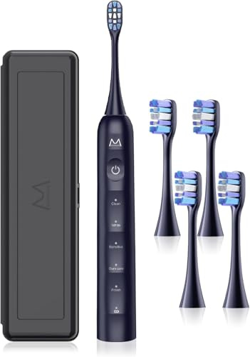 Marlincare Elektrische Zahnbürste, Schallzahnbürste mit 5 Putzmodi & Drucksensor, 48000VPM, 180 Tage Laufzeit, 4 Bürstenköpfen und Timer, reisezahnbürste Elektrische mit Reiseetui (Blau)