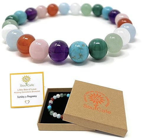 Fertility & Pregnancy Crystal Bracelet - Power Bead Bracelet - Soul Gift Box and Information Card - Amethyst, Moonstone, Rose Quartz, Aquamarine, Turquoise, Green Aventurine, Carnelian, Malachite