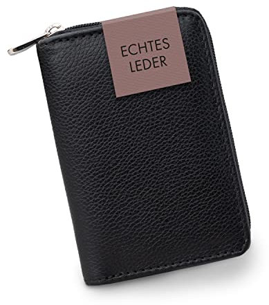 XiRRiX Portemonnaie Damen klein - Kleiner Geldbeutel Damen mit Reißverschluss - Geldbörse Damen klein mit Münzfach - Mini Portmonee für Frauen im Kartenformat - Schwarze Brieftasche aus Leder
