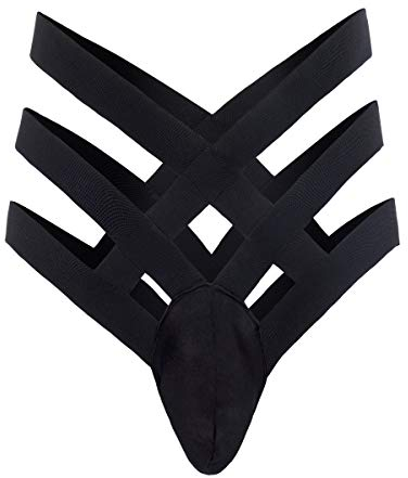 IWEMEK Herren Bandage Strings Höschen Reizwäsche Enhance Pouch Slips Sexy Hollow Out G-String Bikini Briefs Thongs Erotik Männer Unterwäsche Ouvert Tanga Unterhose Dessous Sissy Lingerie Schwarz L