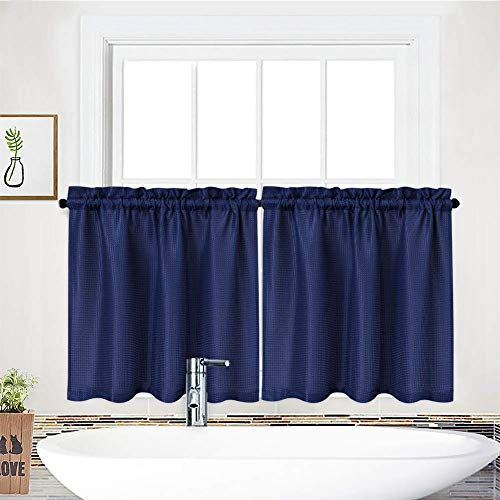 LinTimes Cortinas Disco Cáfe Cortina con cordón, Cortinas Disco Waffle Estilo Country para Cocina, baño, Cortinas bistró semitransparentes, 2 Piezas, Azul Marino, 76x114cm