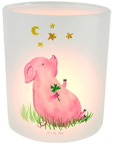 Mr. & Mrs. Panda Windlicht aus Glas Schwein Glück - Geschenk, Windlicht Zur Hochzeit, Gute Laune, Ziele, Teelichtgläser, Tiermotive, Motivation,