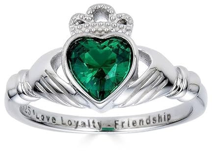 Bague Argent Fin 925/1000 Love Loyalty Friendship Gravée Claddagh Oxyde de Zirconium Emeraude 60
