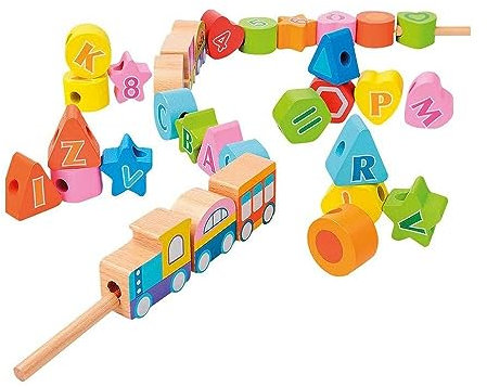 WOOMAX Schleppset aus Holz Zug 35 Teile (46440), bunt