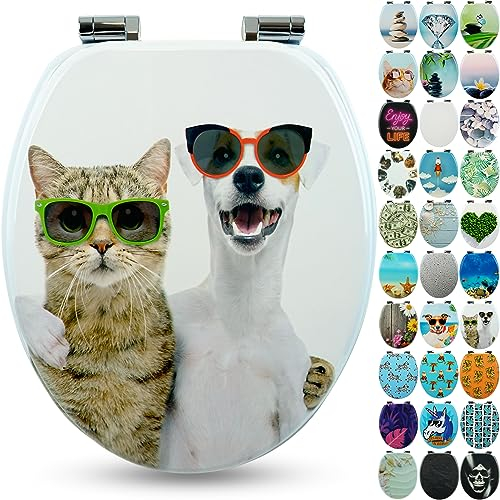 Sanfino® Premium Abattant WC en bois avec frein de chute, qualité supérieure, nombreux motifs colorés, confortable, installation facile, notice de montage incluse – „Cat & Dog