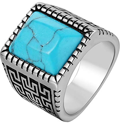 HIJONES Herren Silber Ton Graviert Edelstahl Ringe mit Juwel Stein Türkis Größe 62