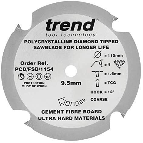 Trend PCD Fibre Cement Circular Saw Blade, 115mm Diameter, 9.50mm Bore, 4 Teeth, 1.6mm Kerf, +12° Hook, PCD, Coarse Finish, PCD/FSB/1154