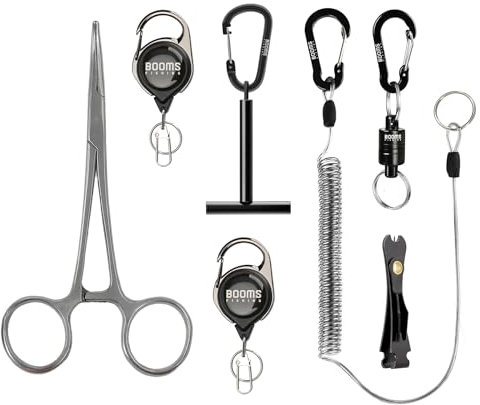 Booms Fishing FF3 7 PCS Fly Fishing Tools Kit, Fishing Knot Tool and Line Clipper Retractor, Magnetic Net Release with Lanyard, Fly Fishing Tippet Spool Holder, Hook Remover Forceps