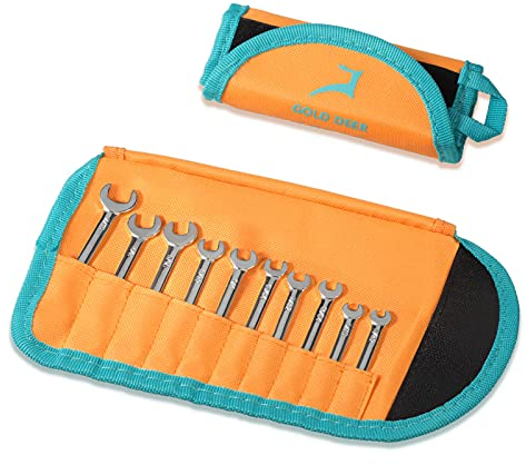 Gold Deer 10 Pcs Mini Wrench Set Standard SAE 5/32-7/16 Extra Slim Spanner with Mirror Finishing Small Wrench Set Combination Wrench Set Open End and Box End Ignition Wrench with Storage Roll Pouch