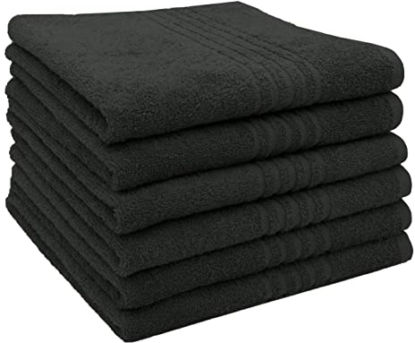 ZOLLNER 6er Set Handtücher in 50x70 cm - saugstarke Duschtücher in schwarz - mit praktischem Aufhänger - mit modernen Tiefgangstreifen - waschbar bis 60°C - Baumwolle - Hotelqualität