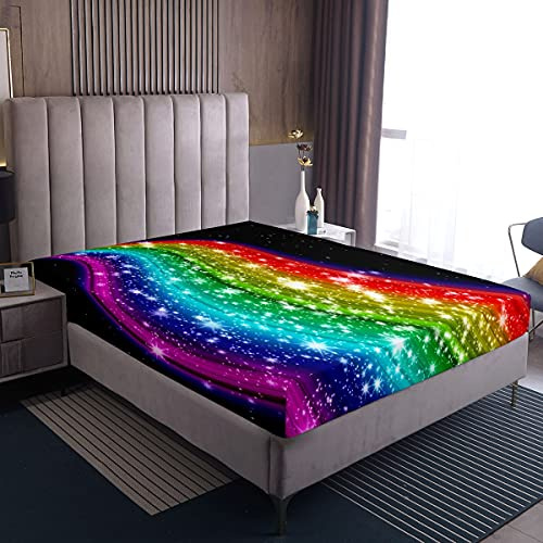 Regenbogen Spannbettlaken 90x200 Kinder Mädchen Sky Starry Bedding Iridescent River Spannbettlaken Für Teen Frauen Golden Glitter Bettwäsche Dekor Schwarz