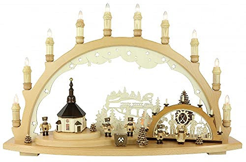 Lenk & Sohn Schwibbogen Erzgebirge 1-Fach, 10-flammig Motiv Seiffener Kirche Bergmann - 66x44cm