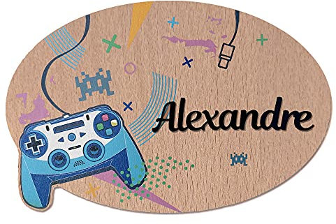 Plaque de Porte Gamer Personnalisée. Plaque Chambre Enfant. Plaque Bois Personnalisable avec Prénom. Décoration Chambre Enfant Jeux Vidéo - 2 perçages en Haut, Plexi Noir
