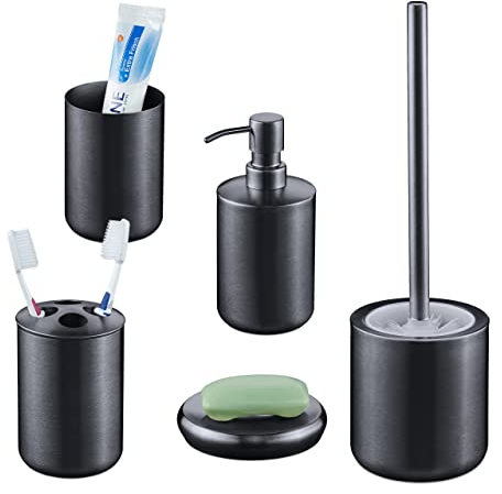 Relaxdays Badezimmer Set, 5-TLG., Badaccessoires Edelstahl gebürstet, komplette Badezimmerausstattung, modern, anthrazit