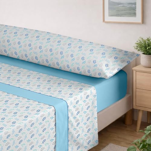 MERCURY TEXTIL- Juego de sábanas de Verano (Hojas Azul, Cama 150) | Entretiempo, Estampadas, Ropa de Cama Juego de 3 Piezas, 100% Microfibra. Modernas, Tacto Fino y Suave