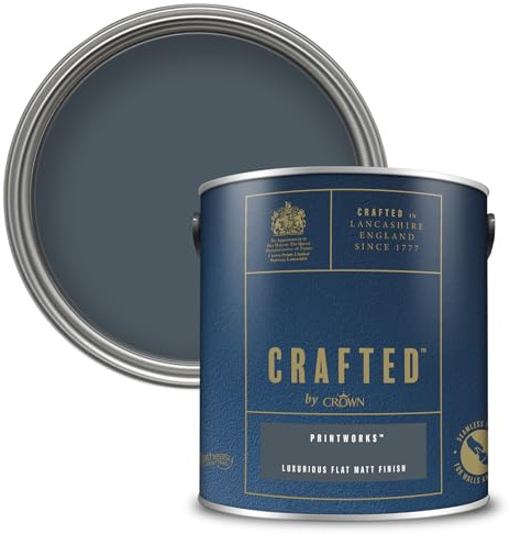 Crown CRAFTED Printworks Matt Emulsion Dark Blue Paint 2.5L | Dark Ink Blue velvety flat matt finish for interior walls, ceilings & wood. Soft to touch, hides imperfections, low VOC