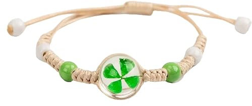 Hand Made Vier-blättriges Kleeblatt Damen Armband mit Gießharz Blattanhänger Keramik Perlen, echtes Blatt Glücksklee Glücksbringer Gießharz