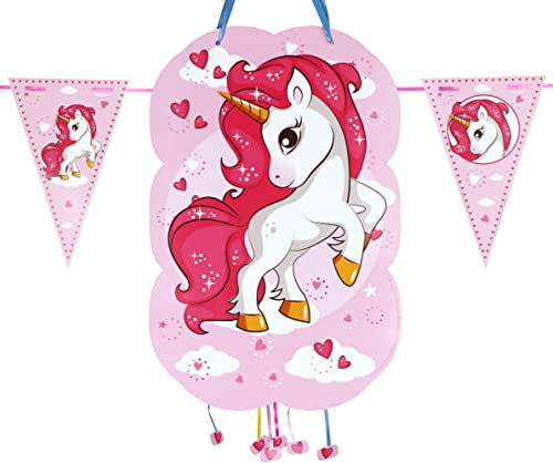 Piñata Kindergeburtstag, für Kinder, perfekt zum Befüllen mit Süßigkeiten und Spielzeug, Dekoration Flaggen 2 m (Einhorn Fuchsia)