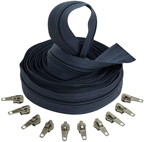 Aerzetix - C62650x5-C62926x10 - Kit di Cerniera Lampo Spirale 5m N°5 Colore: Blu Scuro + 10 cursori N°5 autobloccanti Colore: Argento - in Nylon/Metallo - merceria