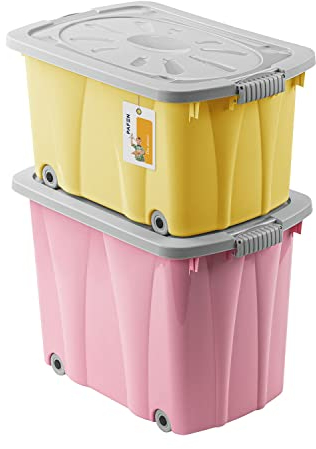 PAFEN Piraten Spielzeugkisten SET – 2x Schatzkiste 49l + 62l mit Rollen - Spielzeugbehälter Aufbewahrungsbox für Kinder Ordnungsbox, Rosa/Gelb