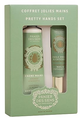 Panier des Sens - Coffret Cadeau Creme mains Amande + Huile Amande Douce pour Cuticules - Fabriqué en France - Nourrit & Repare les Mains Sèches - (Coffret Amande)