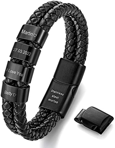 Murtoo Personalisiertes Armband Herren Mit Gravur aus Leder in Schwarz, Namen Graviert, Magnetverschluss aus Edelstahl, Geschenkidee für Männer (4 Ringe)