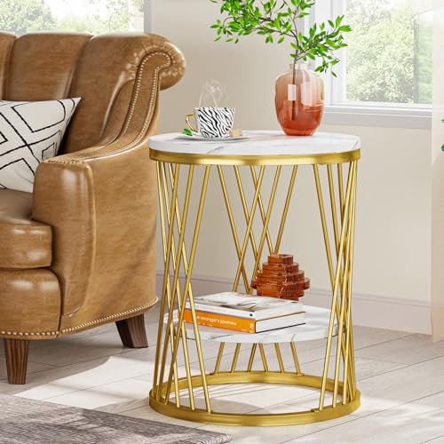 Tribesigns Runder Beistelltisch, moderner weißgoldener Beistelltisch mit Regalen, 2-stöckiger Nachttisch, schlanker Kaffee-Snack-Tisch für Sofa, Couch, Schlafzimmer, Wohnzimmer (1, Weiß und Gold)