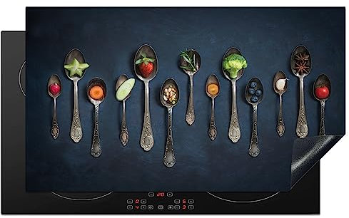 KitchenYeah© Herdabdeckplatte Einteilig Küche Ceranfeld Abdeckplatte Cerankochfeld Abdeckung Induktionskochfeld Schutzmatte Gewürze - Löffel - Silber - Gewürz - Industrial - 91.2x52 cm