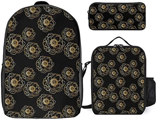FJAUOQ Lot de 3 sacs à dos noir et doré avec rose - Sac à dos - Trousse à crayons - Grande capacité, Noir Or Rose, Taille unique, Sacs à dos