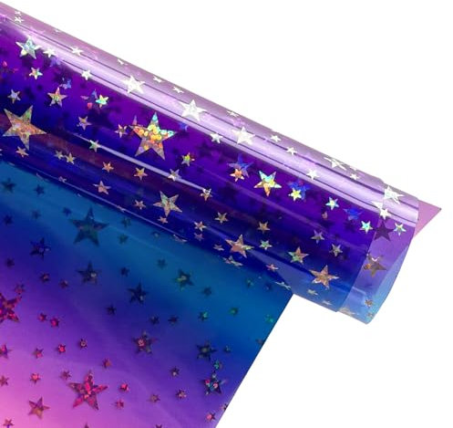 XHT Regenbogen PVC Vinyl Farbverlauf Leder 30 x 134 cm, geeignet für DIY Ringe, Ohrringe, Taschen, Bastelarbeiten (Lila hellblau Blau Stern)
