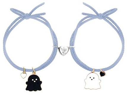 LIUZHIPENG 2 pezzi braccialetto di corrispondenza magnetico carino fantasma cuore coppia braccialetto set regolabile treccia corda nero bianco fantasma ciondolo braccialetto gioielli regalo donna