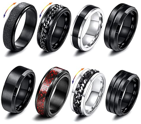 GoPaw Männer Edelstahl Spinner Ring, 8 Pcs Schwarz Fidget Band Ring Cool Twisted Chain Angst Ringe Männer Ringe Schwarz Spinner Rings Set für Männer Frauen (67(22.7))