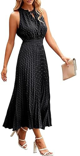 ONAYEYO Damen Sommer Plissee Lang Kleid V Ausschnitt ärmellos Schweizer Punkt Sommerkleid Elegant Hohe Taille Abendkleid Midikleid Casual Einfarbig Strandkleid (XL, Schwarz)