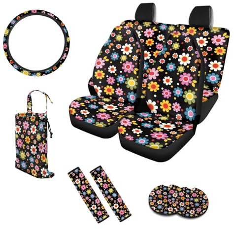 UOIMAG Hippie Flower Autositzbezug-Set, 10 Stück, 70er Jahre, Retro-Lenkradbezug, Getränkehalter, Untersetzer