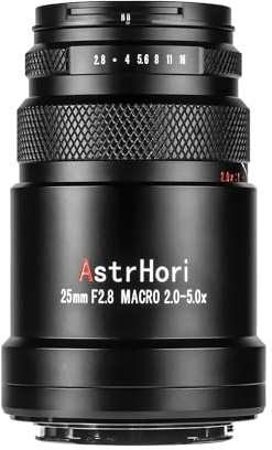 7artisans AstrHori 25 mm F2.8 2-5X Ultra Makro Objektiv, kompatibel mit Vollformat S0NY E-Mount spiegellosen Kameras Alpha a7 a7II a7III a7R a7RII a7RIII a7RIV a7S a7SII a9 a7C, Schwarz
